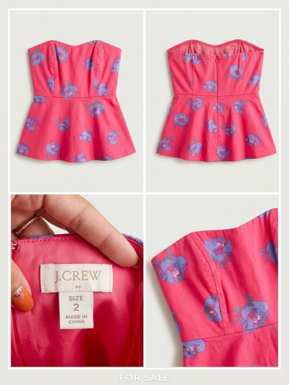 J. Crew Pink Strapless Peplum Blouse with Purple Floral Print-Size 2